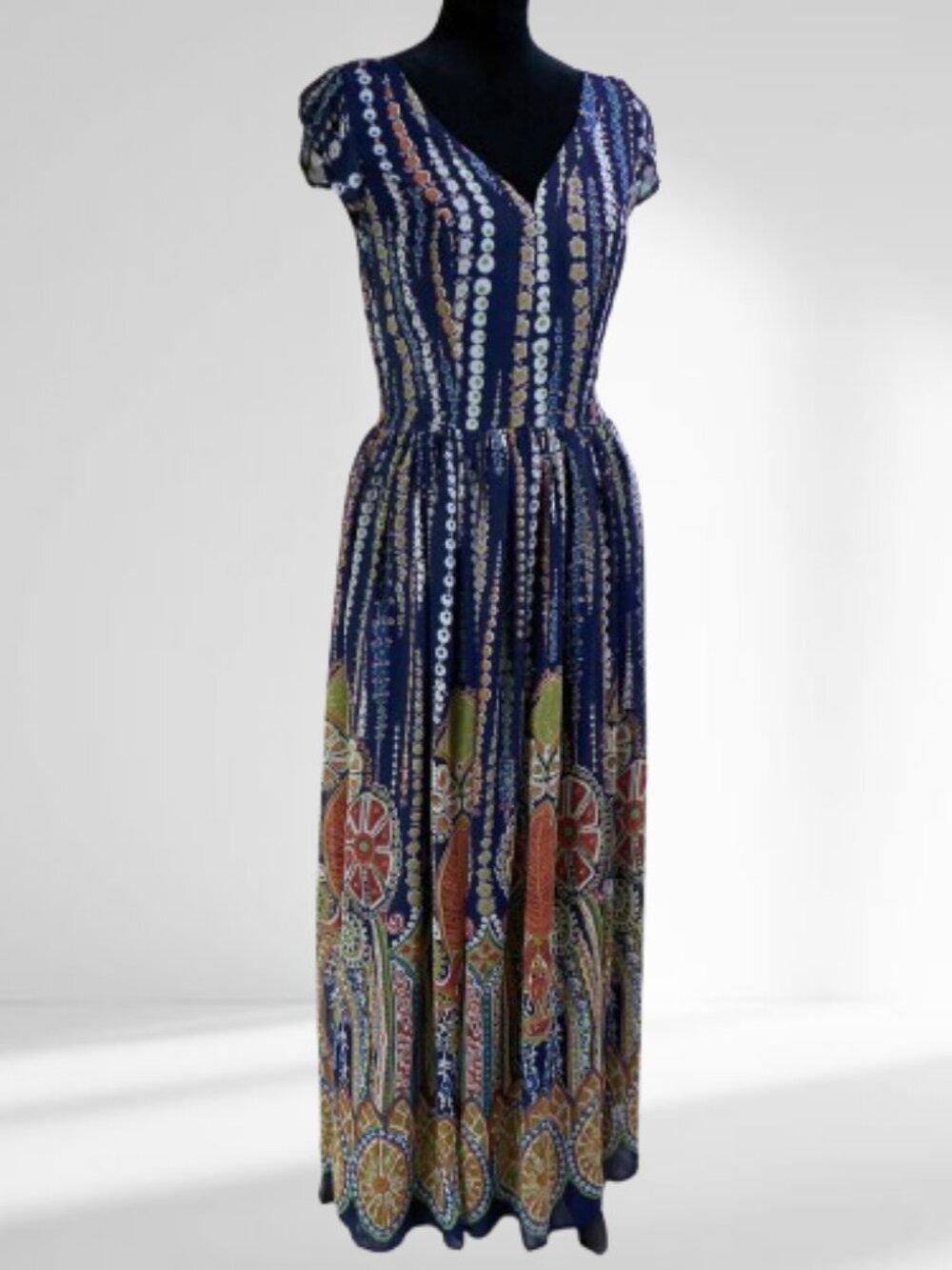 Eshakti Navy & Fall tones Citrus print Maxi Dress Chiffon CUSTOM SIZE 6 TALL